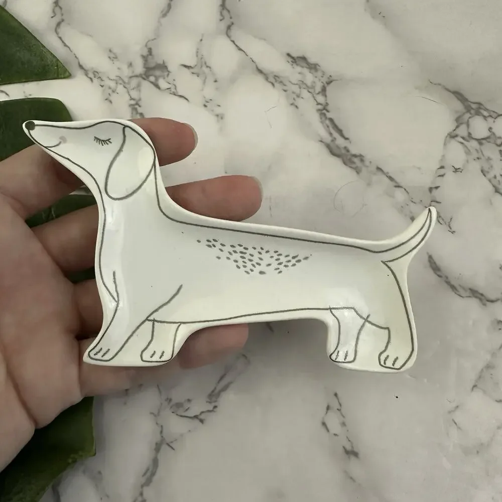 Wiener Dog Dachshund Dog Small Trinket Dish Ring Tray White Gray Puppy Ceramic